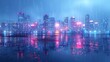 City Skyline Network: A 3D vector illustration of a city skyline during a rainy evening