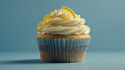 Wall Mural - Tasty delicious lemon cream cupcake with lemon zest on light blue background. Beautiful sweet pastry bakery dessert food meal photography illustration wallpaper concept.