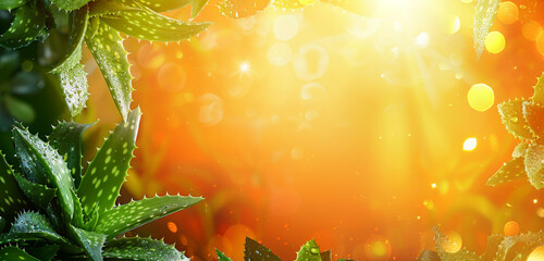 Poster - Fresh leaves of aloe vera on a happy bright orange and colourful background with sun.