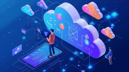 Wall Mural - Cloud Networking: A 3D vector illustration of a person accessing cloud-based services on a tablet