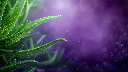 Poster - Fresh leaves of aloe vera on dark purple background.