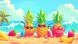 Cartoon tropical fruits playing water gun games at the beach or enjoying sunbathing.