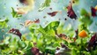 Mix salad leaves flying chaotically in the air, bright saturated background, spotty colors, professional food photo