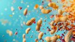 Peanuts flying chaotically in the air, bright saturated background, spotty colors, professional food photo