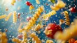 Pasta flying chaotically in the air, bright saturated background, spotty colors, professional food photo