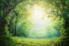 Beautiful Green Forest With Sunbeams And Lens Flare Effect