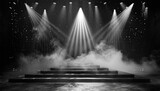 Fototapeta  - Stage light and smoke on stage with spotlights black and white. Stage lights. spotlights and white laser holograms spins, turns and emits light bright beams. Lighting equipment 