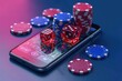 Smartphone with a gambling game, surrounded by vibrant casino chips and dice, implying the impact of online betting