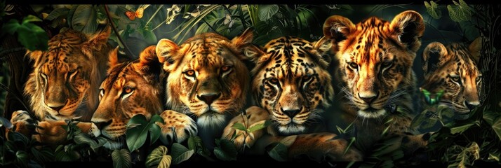 Wall Mural - A wild cat family of lionesses in a lush jungle. Savanna wild animals group collage