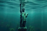 Fototapeta Kwiaty - An evocative portrayal of the Statue of Liberty submerged underwater, symbolizing the threat of rising sea levels. Statue of Liberty Submerged in Water Climate Change Concept