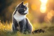 Beautiful cat sitting on the grass in the garden at sunset