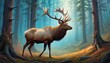 A regal elk stands bathed in a mystical light within a serene, ancient forest, a tableau of nature's nobility and grace.. AI Generation