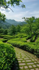 A green tea garden,There is a path in the tea garden 