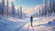A lone cross-country skier traverses a snow-covered path through a tranquil pine forest bathed in the warm glow of the setting sun.. AI Generation