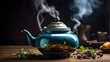 A teapot releasing aromatic steam as it brews fragrant herbal tea