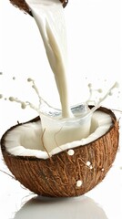 Pouring coconut milk into half open coconuts on white background for healthy and refreshing beverage concept