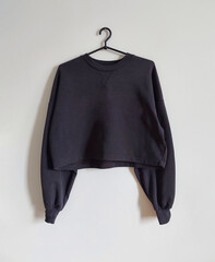 Wall Mural - Dark grey sweatshirt hanging on a hanger isolated on white background.