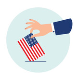 Fototapeta  - A hand holding a ballot in the form of an American flag. US presidential election concept. Vector illustration