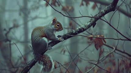 Wall Mural - Against the backdrop of a misty forest, a grey squirrel deftly maneuvers along the wet branches, its foraging skills honed by instinct and experience.