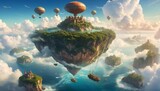 Fototapeta  - A majestic floating island with a kingdom atop, surrounded by smaller isles and ethereal clouds under a soft sky.. AI Generation