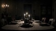 An eerie dining table set for a feast at midnight, shrouded in darkness with no one around to partake Generative AI