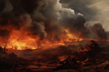 A battlefield with billowing smoke and debris