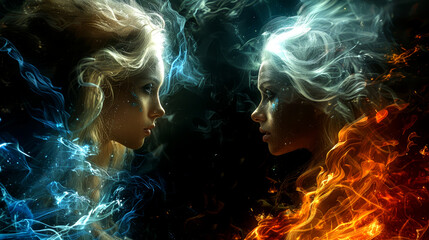 Wall Mural - Spellbinding Showdown. Epic Confrontation Between Two Elven Witches, Ancient Magic Crackling in the Air.