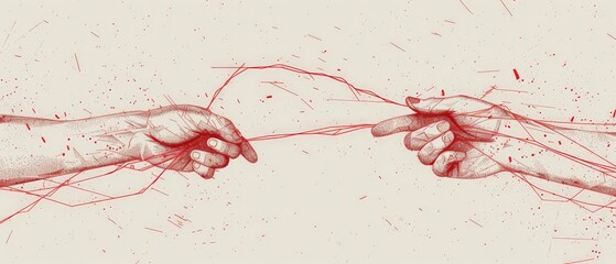 Wall Mural - Hands hold a red thread without touching each other, drawing 