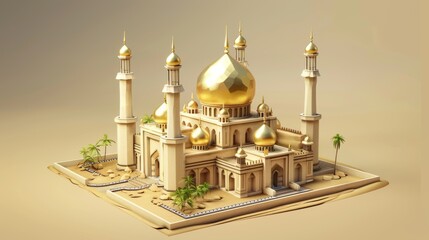 Wall Mural - An exquisite mosque building model with a glossy brass dome rendered in 3D on a beige background