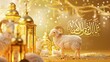 Islamic calligraphy of Eid Al Adha with golden decorative lanterns, sacrificial sheep, and crescent moon on golden background in 3D