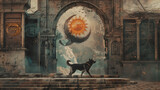 A dog silhouetted against a surreal portal amid gothic ruins