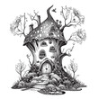Magic house sketch hand drawn in doodle style Fairy tale Vector illustration