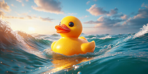 Rubber yellow duck toy on the ocean