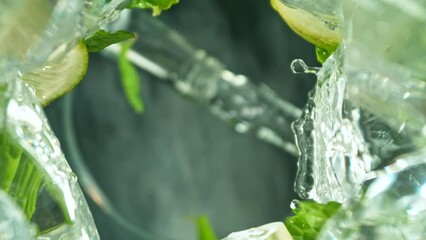 Wall Mural - Super Slow Motion of Macro Shot of Pouring Mojito drink. Unique Perspective from inside of a Glass. Filmed on High Speed Cinema Camera, 1000 fps.