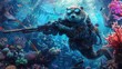 Anime otter with a harpoon gun, underwater scene, coral reef background, vibrant marine life around , 8K render