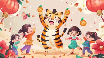 Wall Mural - A hand-drawn picture of a tiger and a giant mandarin tangerine, as well as children celebrating Spring Festival. Happy Chinese New Year is written on the couplet.