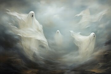 Wall Mural - Ghostly apparitions floating in a textured sky, perfect for your Halloween greetings.