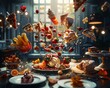 A swirling spectacle of American brunch items, under the dramatic lighting of a movie set , 3D render