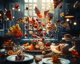 Fototapeta  - A swirling spectacle of American brunch items, under the dramatic lighting of a movie set , 3D render