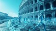 futuristic marathon with hologram runners, Soft Peach coral reef ecosystem, ancient Coliseum backdrop , minimalist