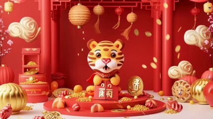 Wall Mural - The 2022 Tiger Year greeting card has little tigers nestled in red envelopes, scattering gold ingots and coins. Best wishes for an auspicious new year in Chinese.