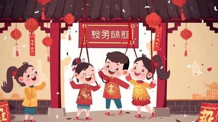 Wall Mural - Three Chinese kids celebrate Chinese New Year. One girl hangs couplets written Welcome the New Year on the roof of a Chinese entrance.