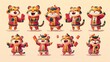 Cute tigers in traditional Chinese costumes raising their hands high with red envelopes in the year of the tiger