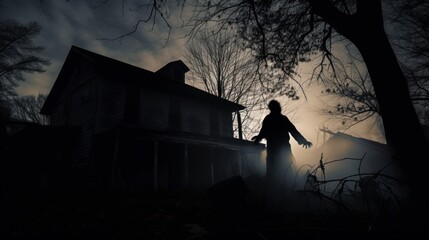 Wall Mural - Spooky silhouette of a ghostly figure floating in front of an old, abandoned mansion, creating a haunting and atmospheric Halloween scene