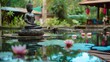 A serene pond reflecting a Buddha statue adorned for Songkran