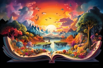 Wall Mural - Vibrant image of an open book with colorful illustrations, inviting exploration