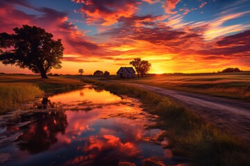 Wall Mural - Vibrant sunset casting warm hues over a tranquil countryside