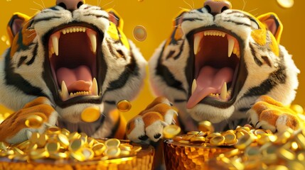 Wall Mural - A 3D rendering of tigers opening and closing their mouths as they grasp gold ingots