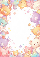 Wall Mural - A frame of teddy bears with stars and a white background. Scene is playful and whimsical