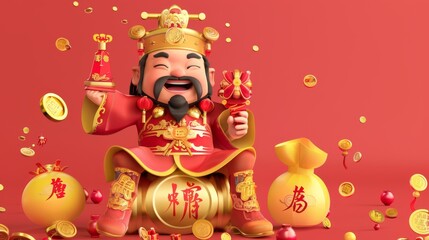 Wall Mural - During Chinese New Year, God of Wealth Caishen sits on a big gold ingot holding a lucky bag and a gold coin. Blessings and Caishen sending blessings are written in Chinese on the lucky bag and the